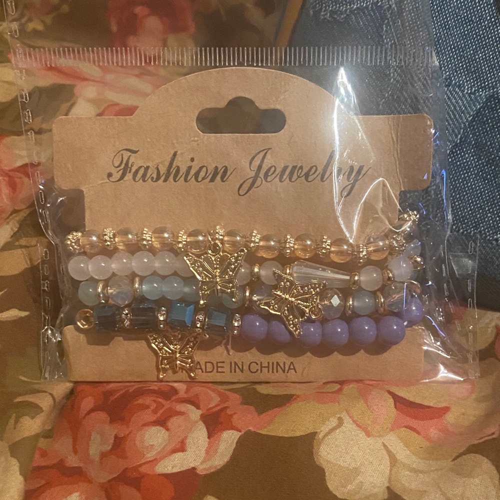 Gold and Purple Beaded Bracelet Set of 4 with butterflies